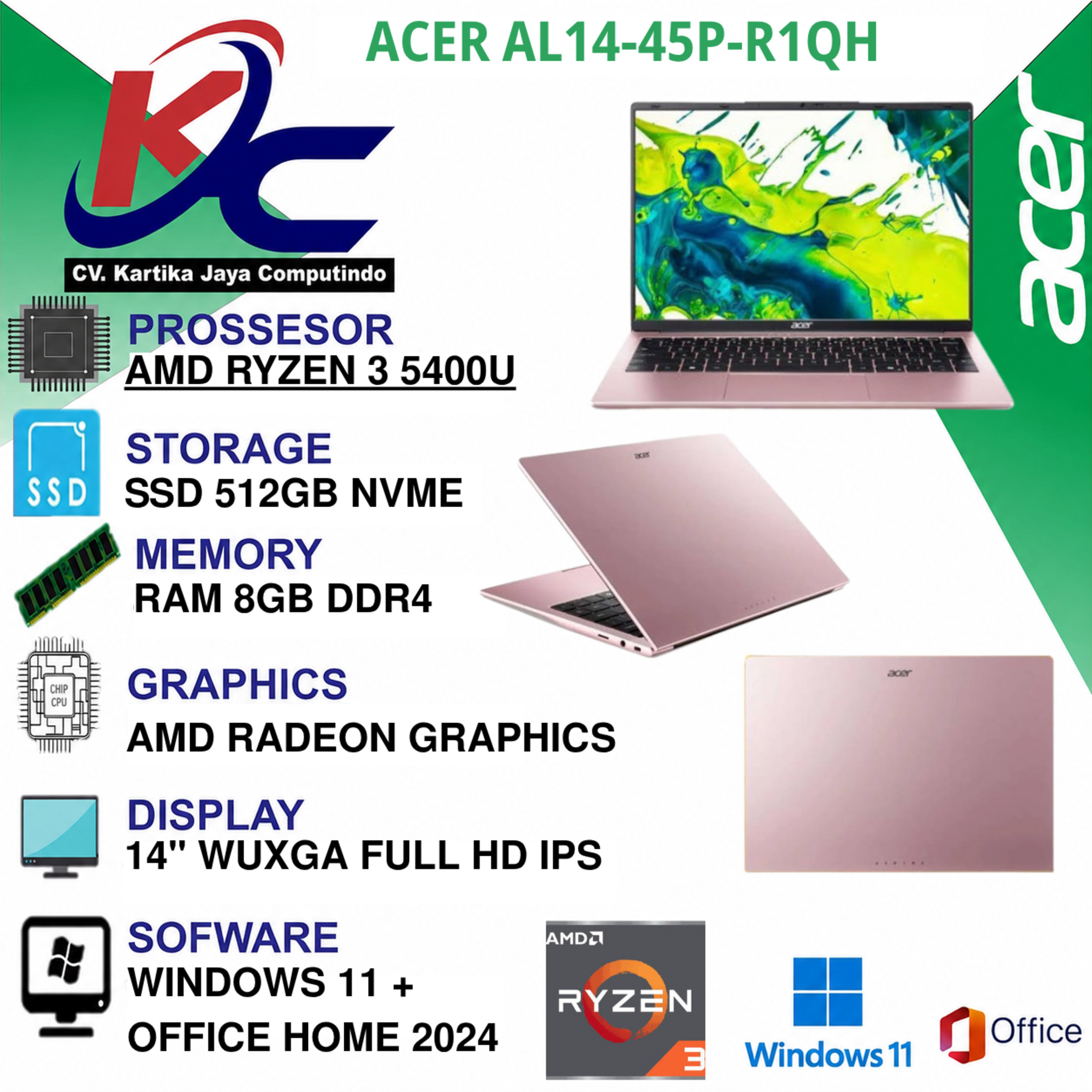 ACER AL14-45P-R1QH  R3-5400U/ 8GB/ SSD 512GB/ IPS/ W11 OHS+M365 ROSE SAKURA